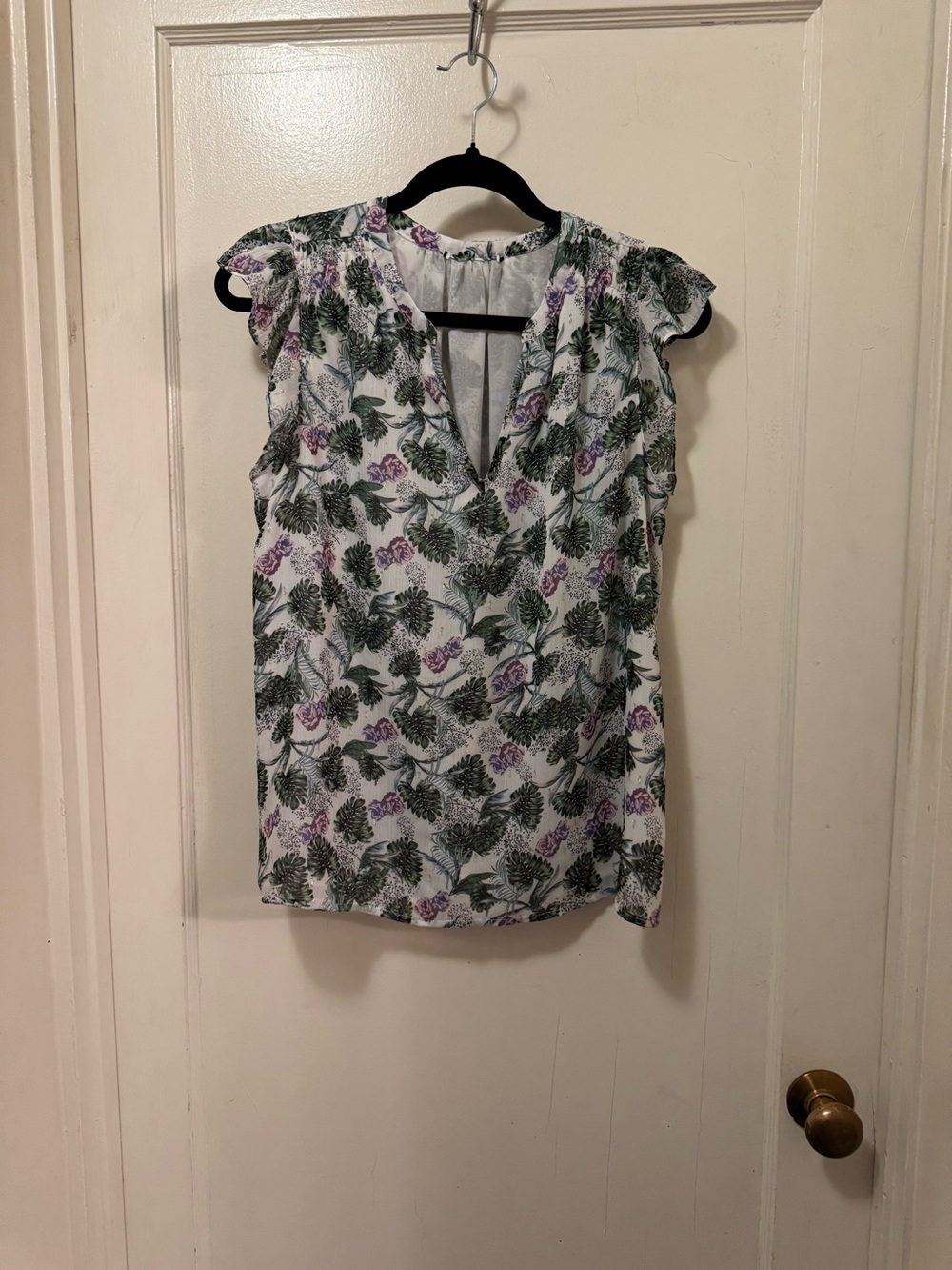 Floral V-Neck Cap Sleeve Blouse - White with Green & Purple
